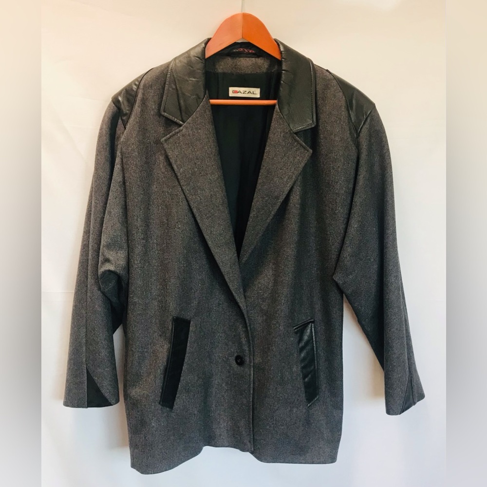 Vintage Cazal Dark Grey Wool Blazer with leather accents Womens size 36